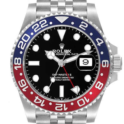 This image shows a front view of the Rolex GMT-Master 126710BLRO Men's Stainless Steel Black Dial 126710BLRO Men's Stainless Steel Black Dial II, featuring its dial, bezel, case, and part of the bracelet.
