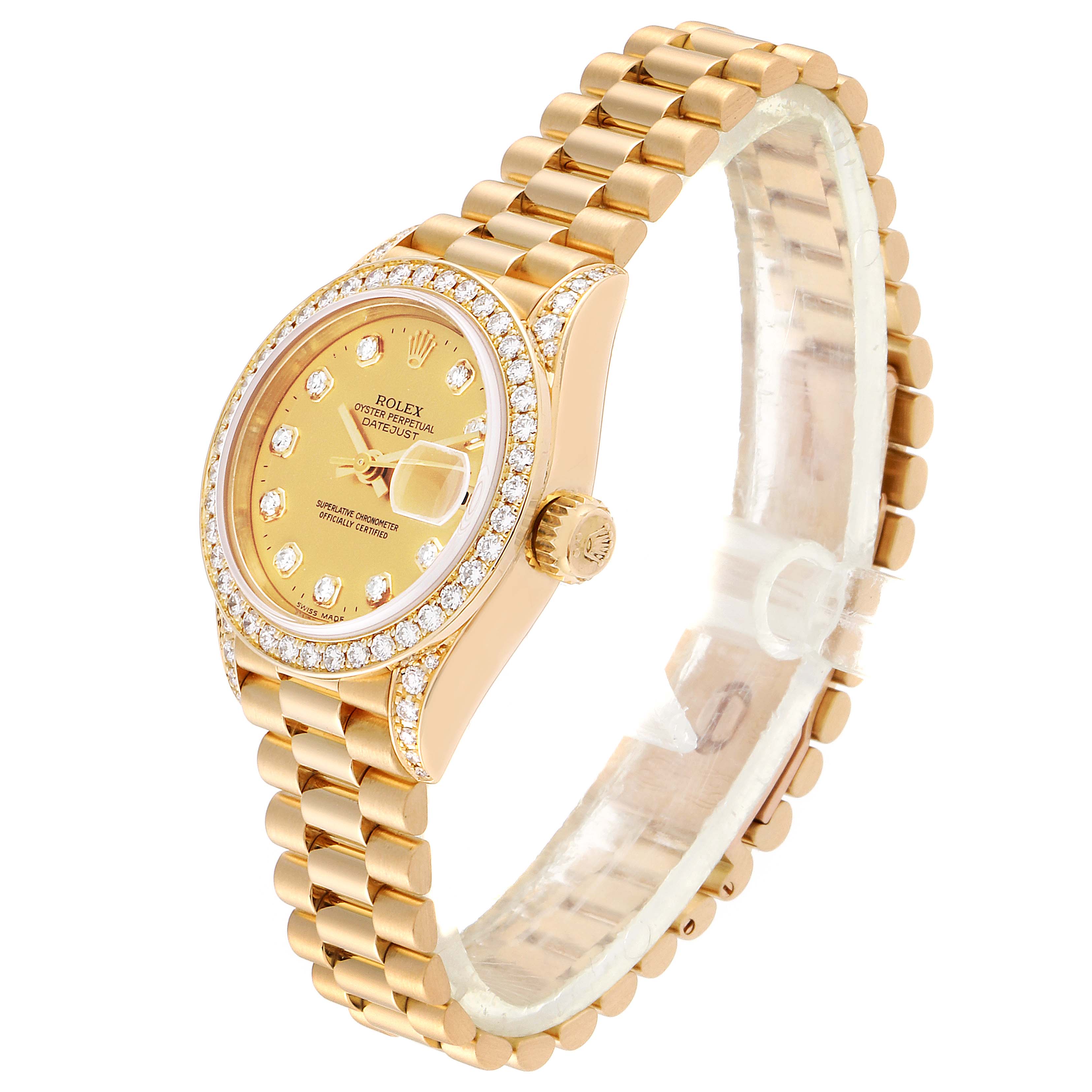 This image shows a side angle of the Rolex President 69158 Women's Yellow Gold Champagne Dial 69158 Women's Yellow Gold Champagne Dial model watch, highlighting the bezel, dial, crown, and bracelet.