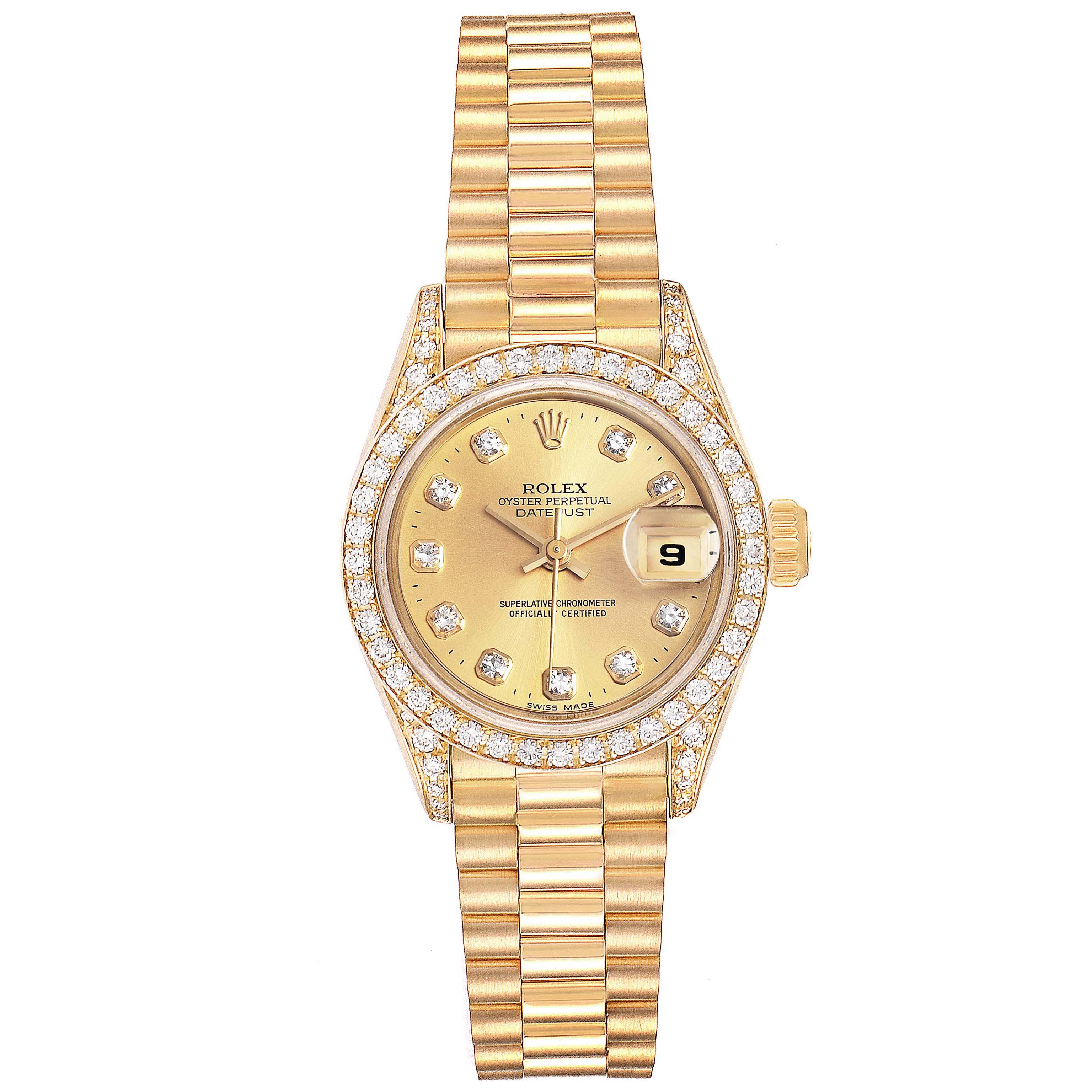 The image shows a frontal view of a gold Rolex President 69158 Women's Yellow Gold Champagne Dial 69158 Women's Yellow Gold Champagne Dial model watch with diamond accents and a date display.