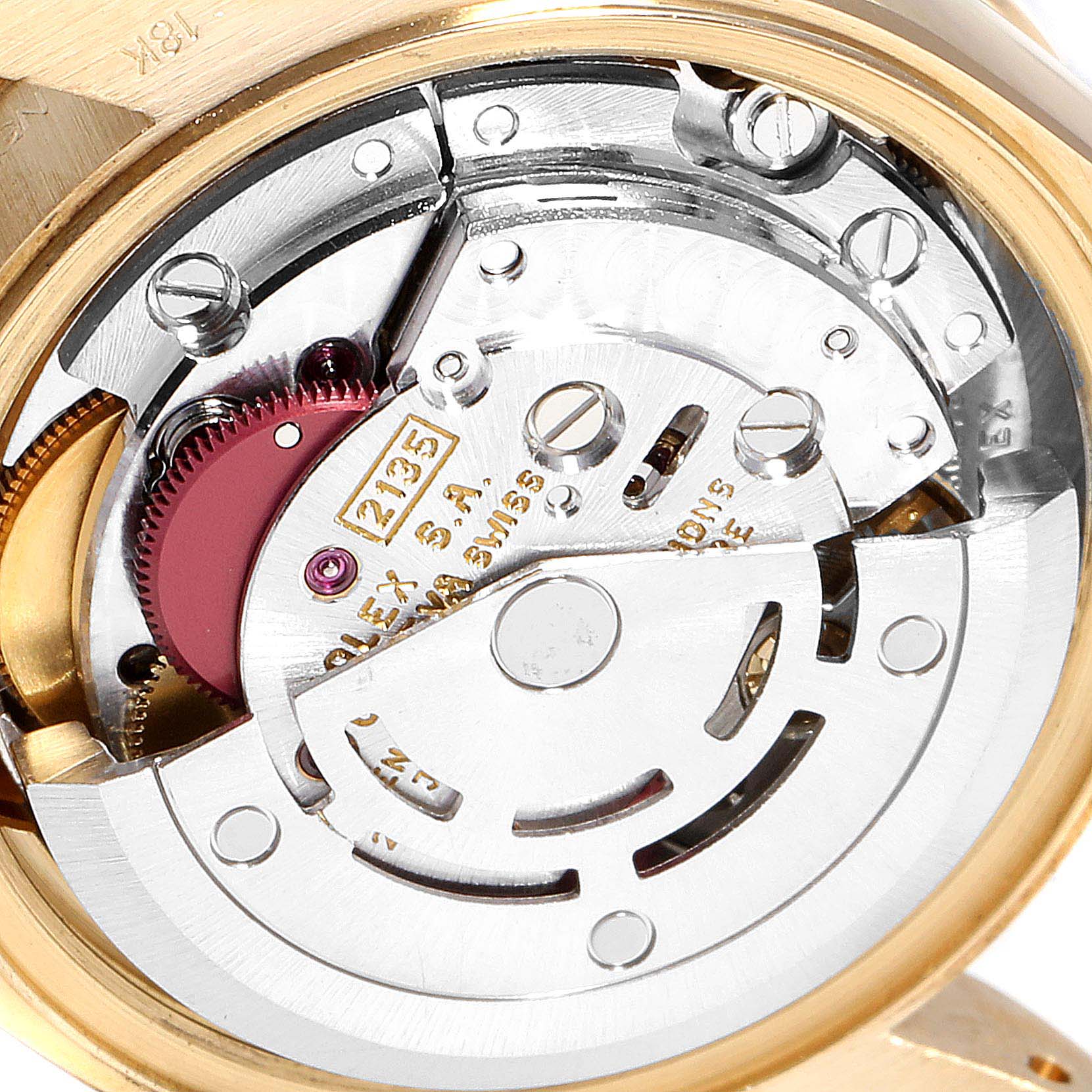 The image shows the internal mechanism (movement) of a Rolex President 69158 Women's Yellow Gold Champagne Dial 69158 Women's Yellow Gold Champagne Dial model watch, viewed from the back.