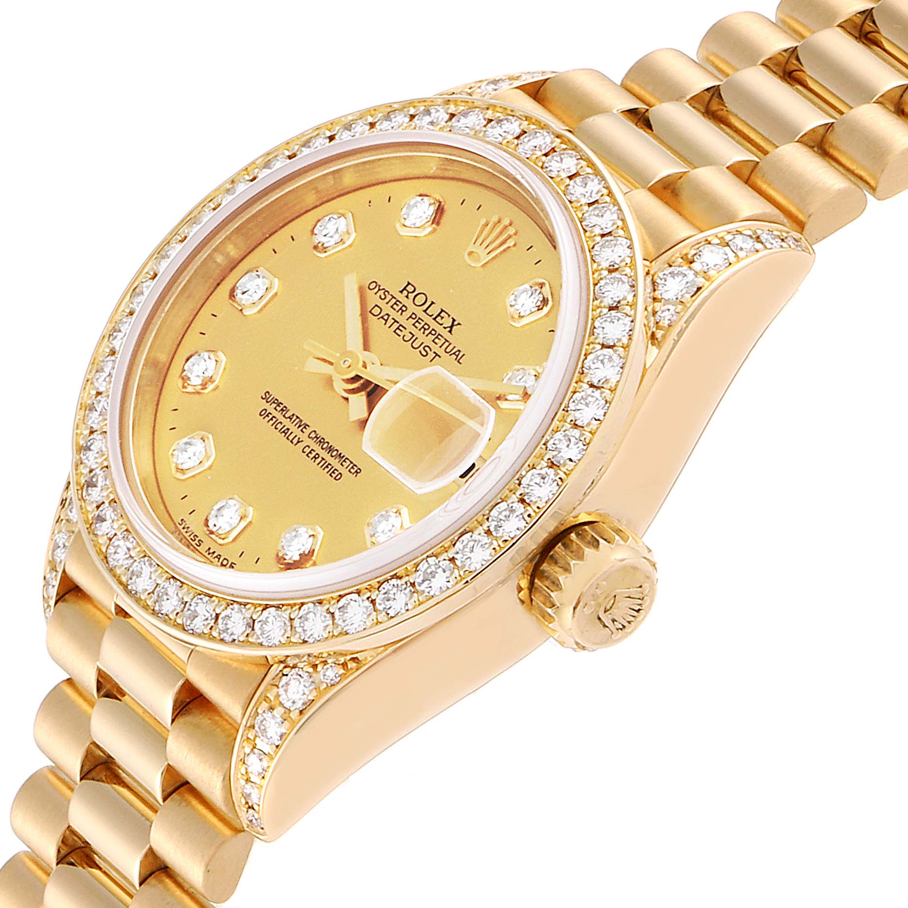 The image showcases a close-up angled view of the face, bezel, crown, and bracelet of the Rolex President 69158 Women's Yellow Gold Champagne Dial 69158 Women's Yellow Gold Champagne Dial model watch.