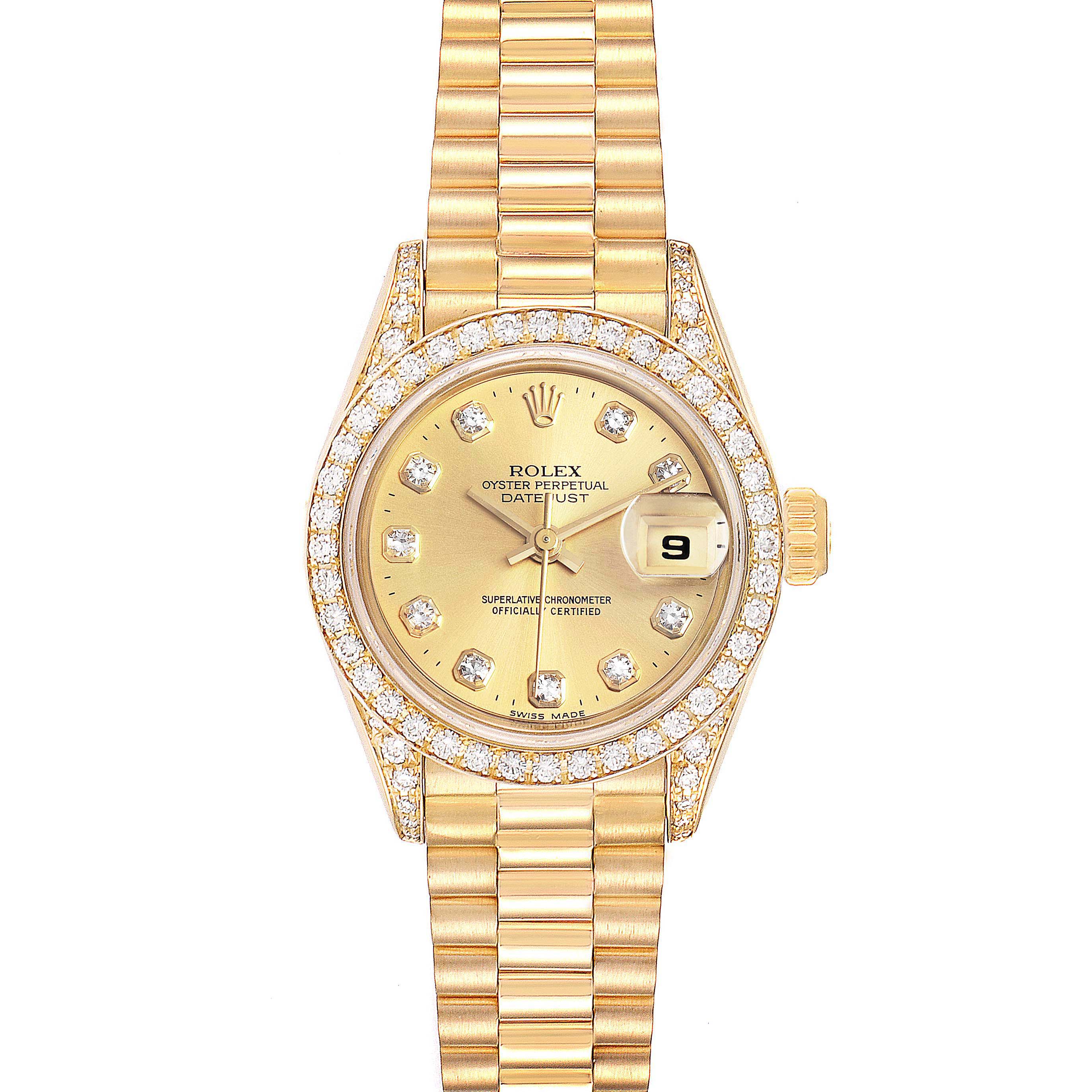 The image shows a front view of a Rolex President 69158 Women's Yellow Gold Champagne Dial 69158 Women's Yellow Gold Champagne Dial model watch with a gold bracelet and a diamond-encrusted bezel.
