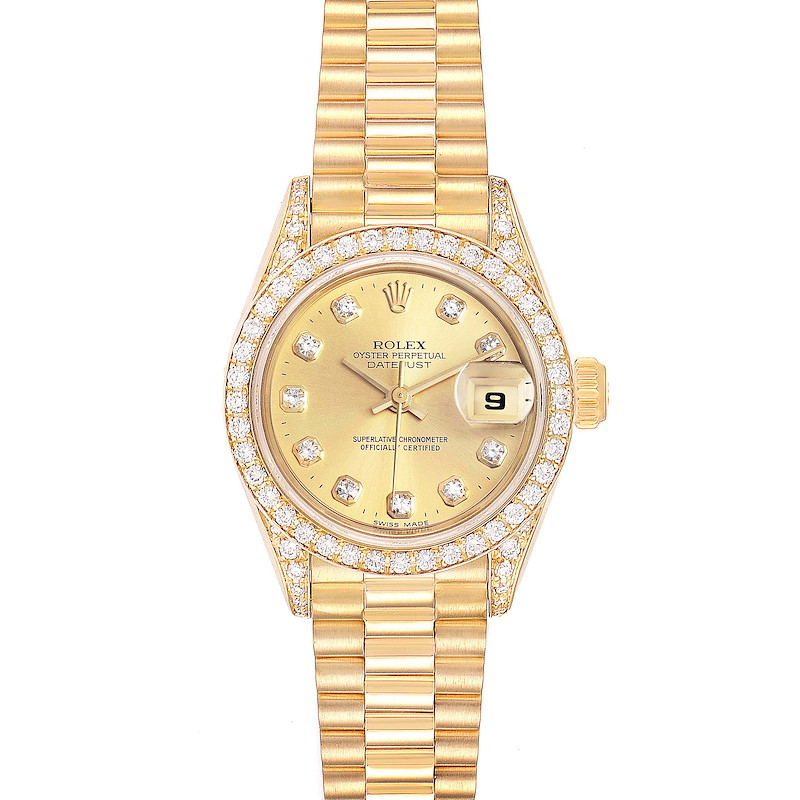 The image shows a front view of a Rolex President 69158 Women's Yellow Gold Champagne Dial 69158 Women's Yellow Gold Champagne Dial model watch with a gold bracelet and a diamond-encrusted bezel.