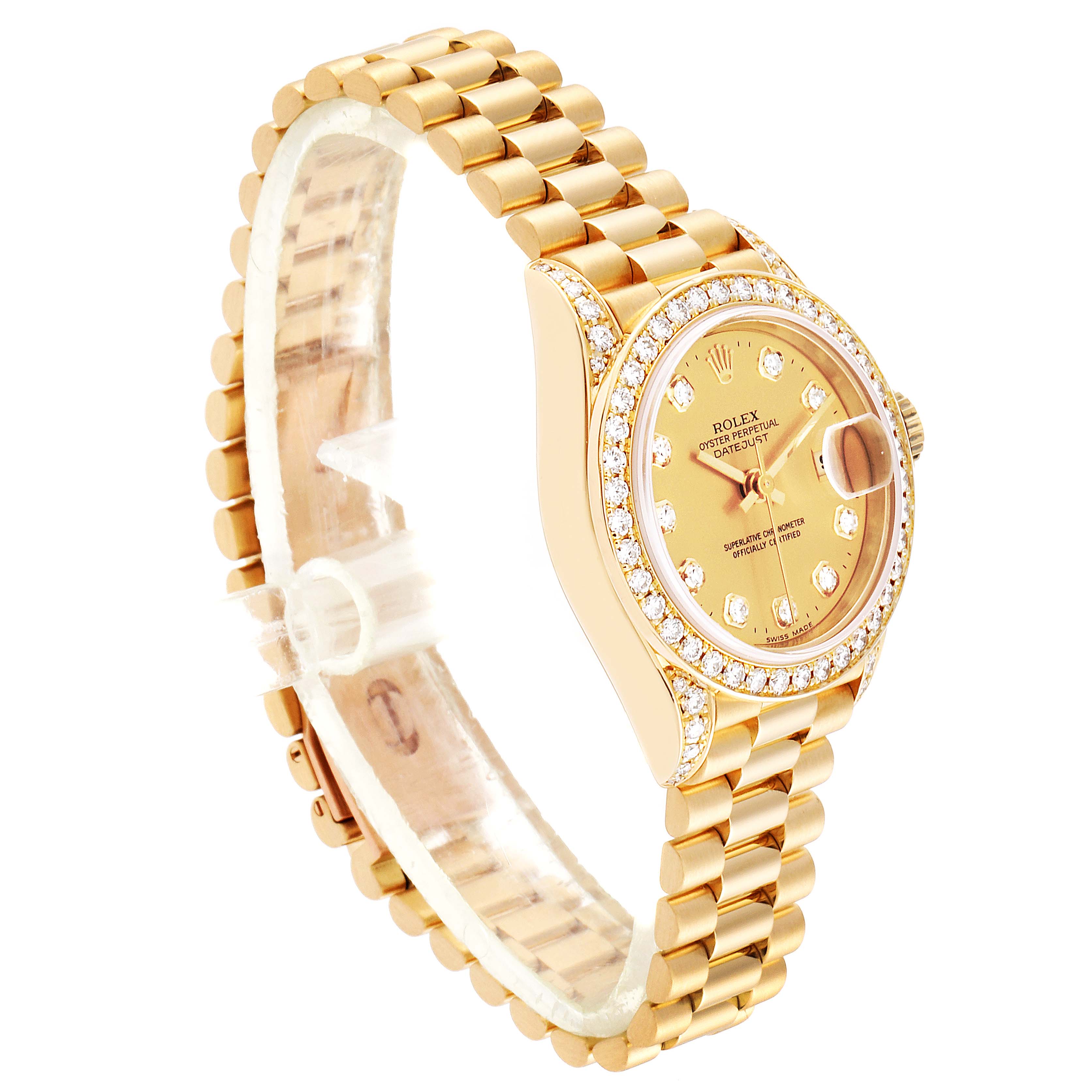 The image shows a side angle of a Rolex President 69158 Women's Yellow Gold Champagne Dial 69158 Women's Yellow Gold Champagne Dial model watch, highlighting its gold band, case, and diamond-studded bezel.