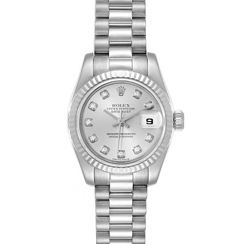 The image shows a full front view of a Rolex President 179179 Women's White Gold Silver Dial 179179 Women's White Gold Silver Dial model watch, highlighting its face, bracelet, and date feature.