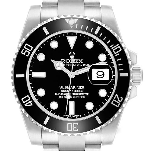 The image shows a front view of a Rolex Submariner 116610 Men's Stainless Steel Black Dial watch, highlighting the dial, bezel, crown, and bracelet links.