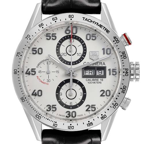 The Tag Heuer Carrera CV2A11 Men's Stainless Steel Silver Dial watch is shown from a frontal angle, featuring its dial, tachymeter bezel, chronograph subdials, and date display.