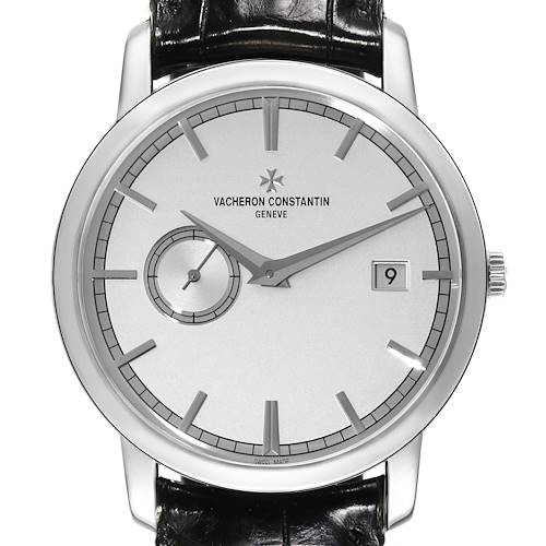 The image shows a front view of the Vacheron Constantin Traditionnelle 87172/000G-9301 Men's White Gold Silver Dial 87172/000G-9301 Men's White Gold Silver Dial watch, highlighting its dial, hands, date window, and leather strap.