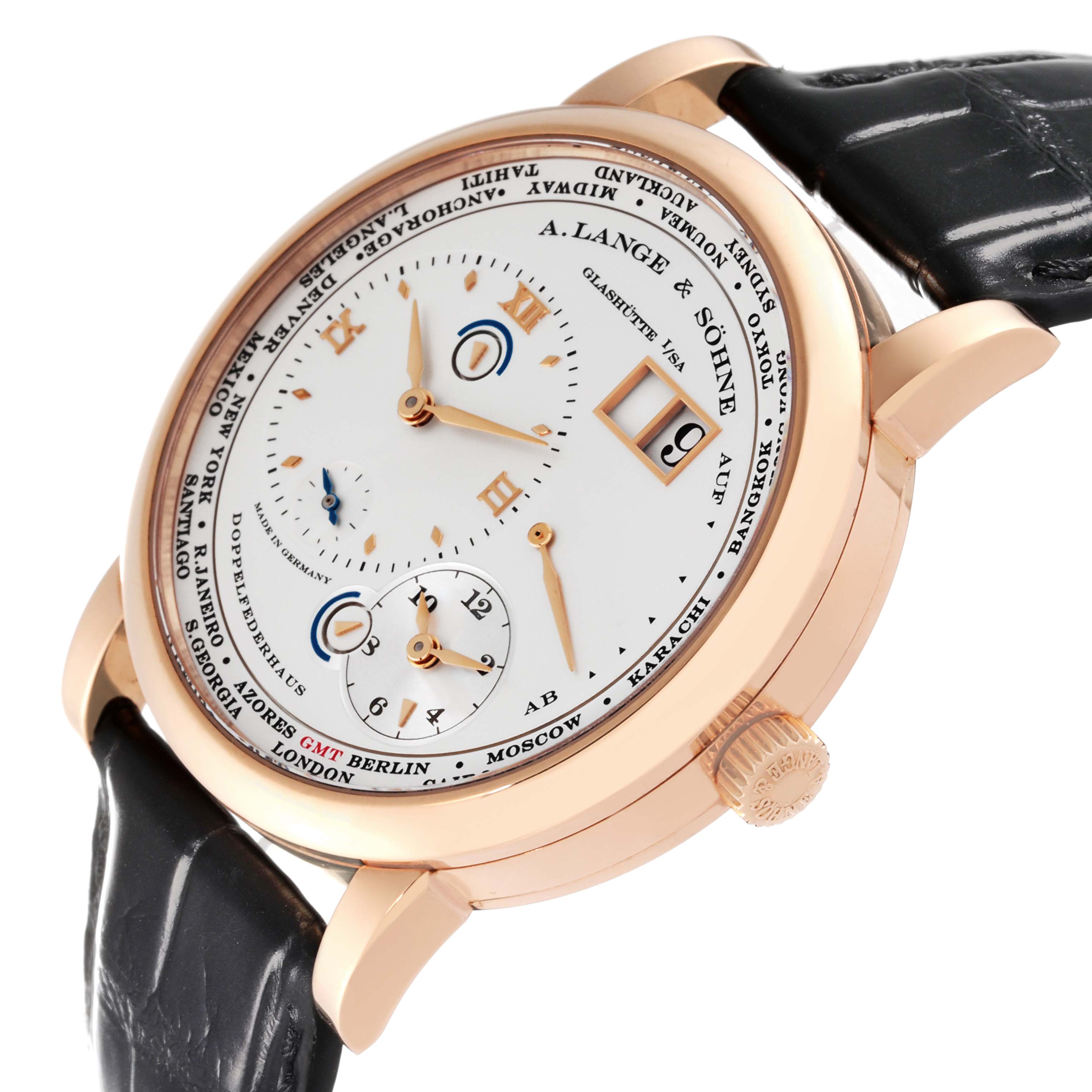 The image shows a close-up angled view of the A. Lange & Sohne Lange 1 116.032 Men's Rose Gold Silver Dial watch, highlighting its dial, hands, and crown.
