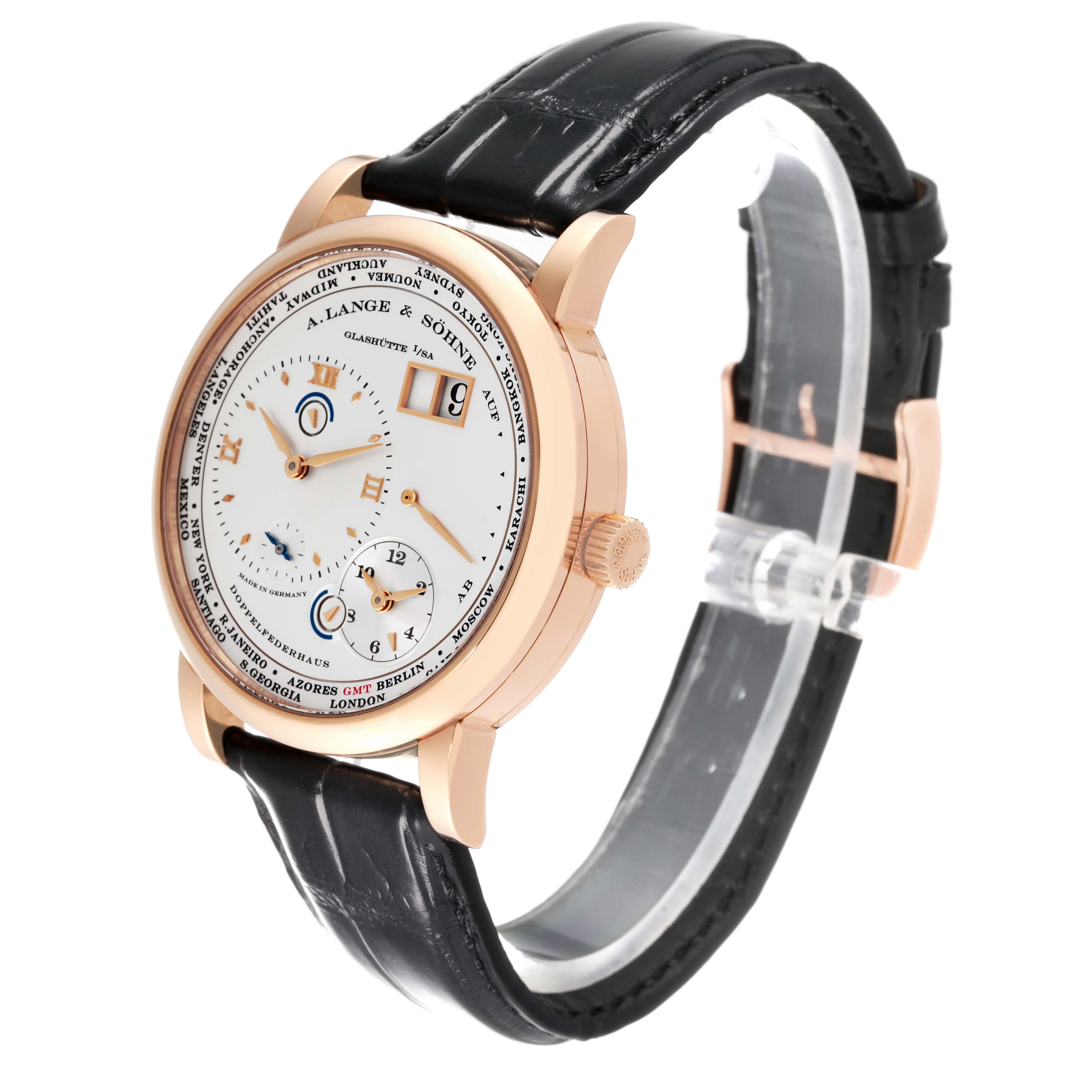 This is a side-angle view of the A. Lange & Sohne Lange 1 116.032 Men's Rose Gold Silver Dial watch, showcasing the case, dial, and black leather strap.