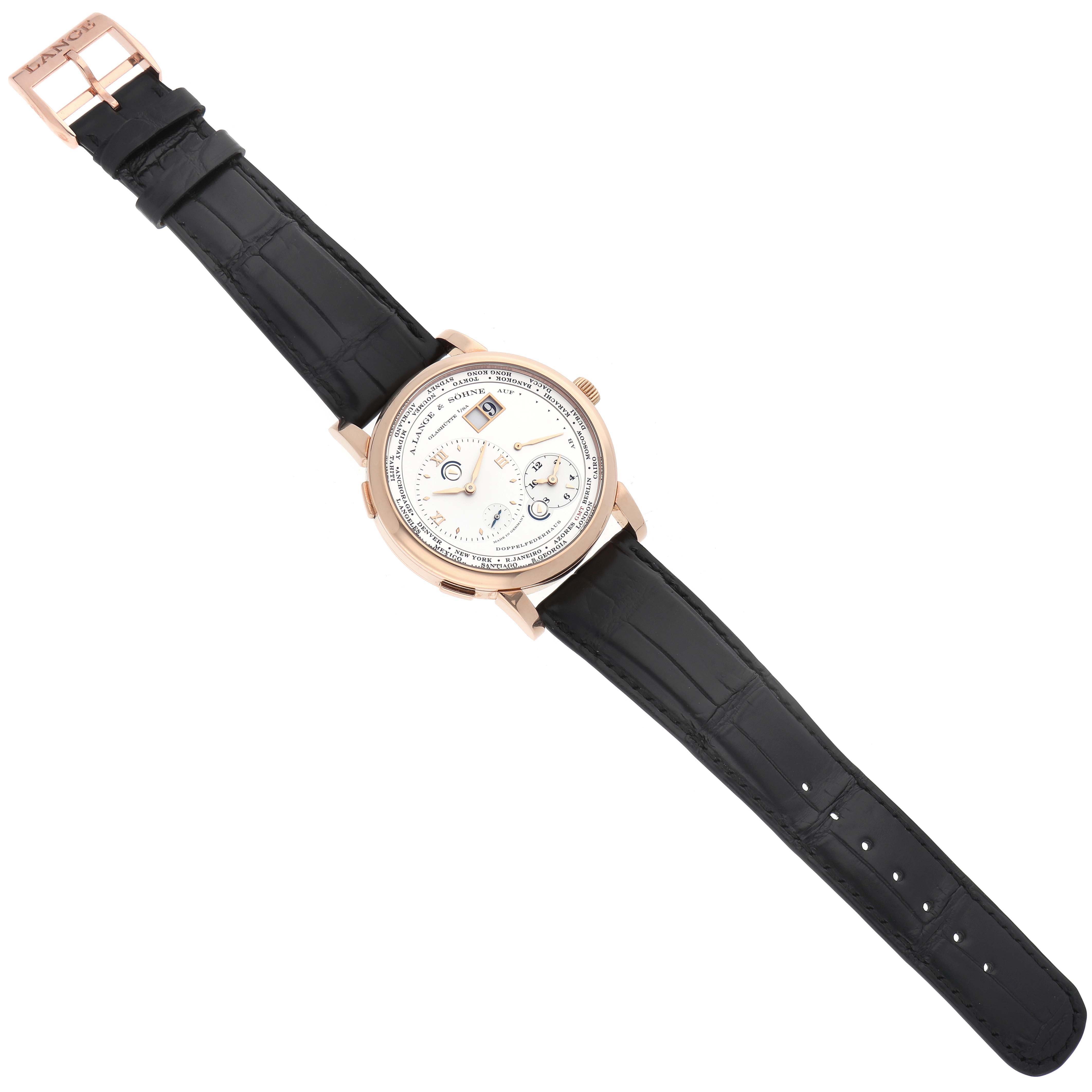 The image shows an A. Lange & Sohne Lange 1 116.032 Men's Rose Gold Silver Dial watch laid flat, displaying the face, strap, and buckle at a slight angle.