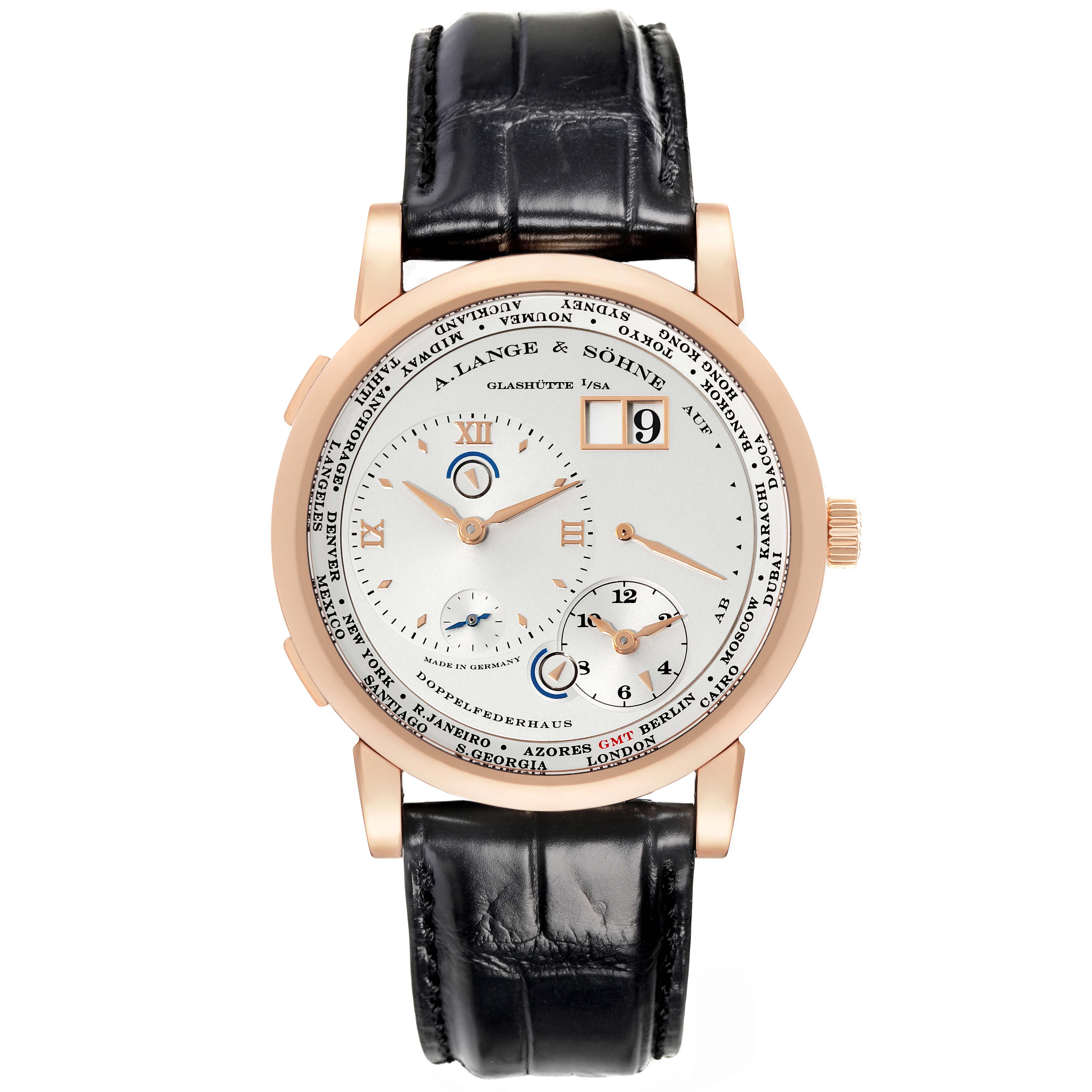 The image shows a front view of the A. Lange & Sohne Lange 1 116.032 Men's Rose Gold Silver Dial watch, highlighting its dial and black leather strap.