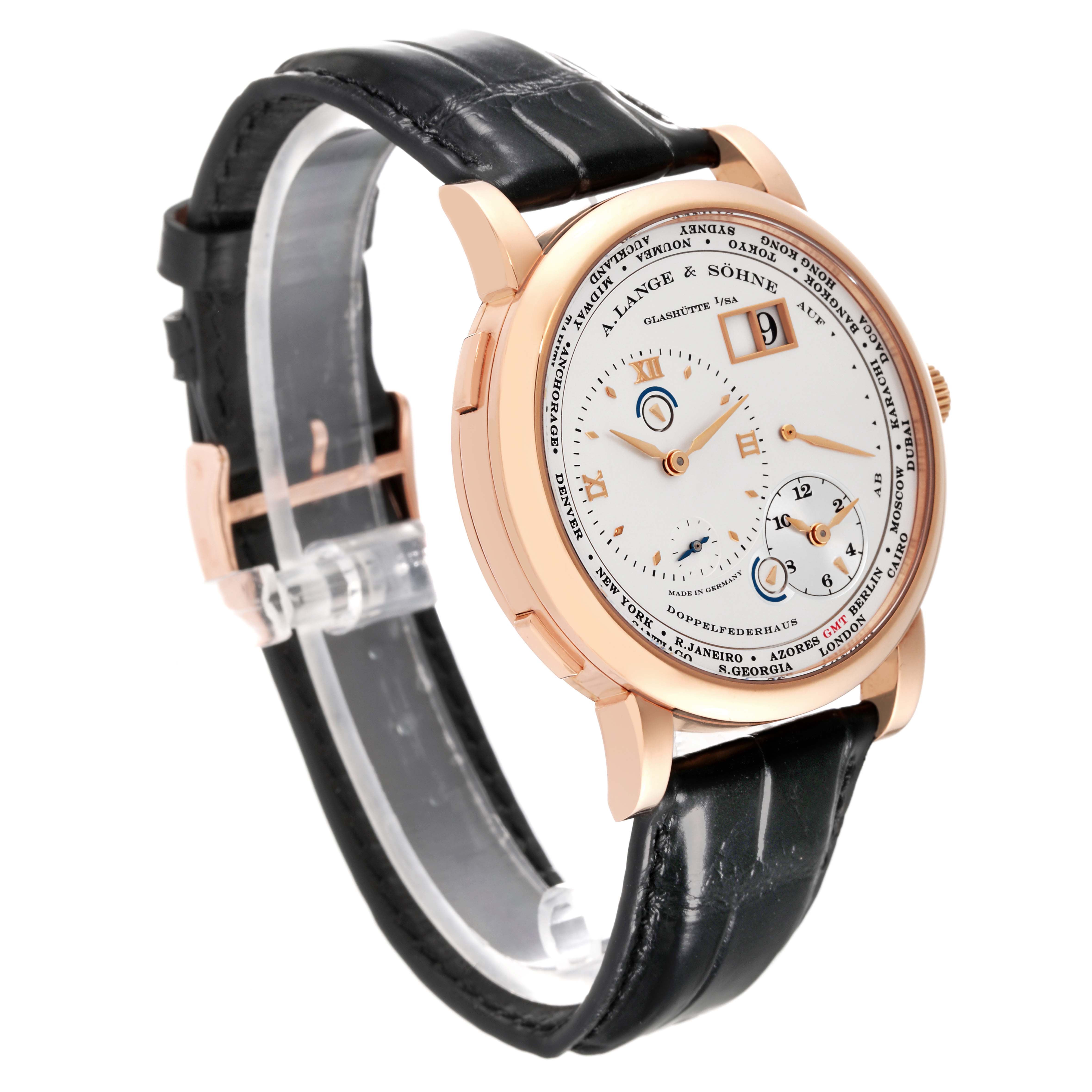 The image shows a front and side view of the A. Lange & Sohne Lange 1 116.032 Men's Rose Gold Silver Dial watch with a black leather strap and a rose gold case.