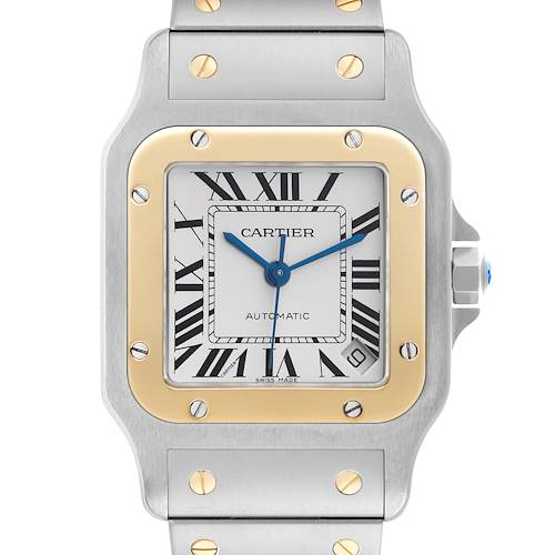 The Cartier Santos W20099C4 Men's Steel and Gold (two tone) Silver Dial watch is shown from a front angle, highlighting its bezel, dial, hands, and part of the bracelet.