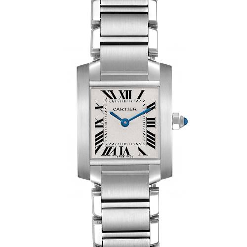 The image shows a frontal view of the Cartier Tank Francaise W51008Q3 Women's Stainless Steel Silver Dial W51008Q3 Women's Stainless Steel Silver Dial watch, displaying its face, bracelet, and crown.