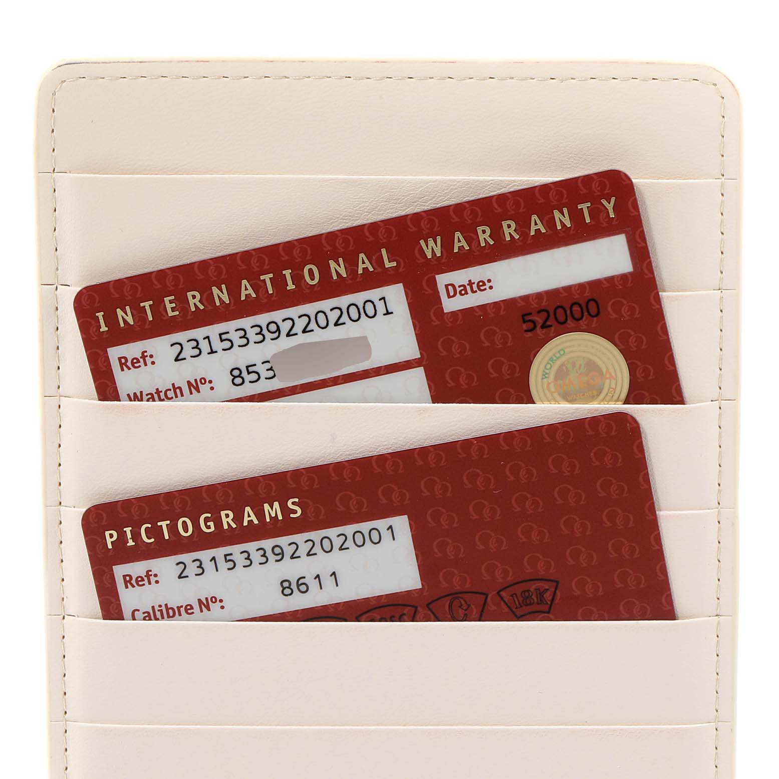 The image shows warranty and pictogram cards for the Omega Aqua Terra 231.53.39.22.02.001 Men's Rose Gold Silver Dial 231.53.39.22.02.001 Men's Rose Gold Silver Dial model, placed in a white cardholder.