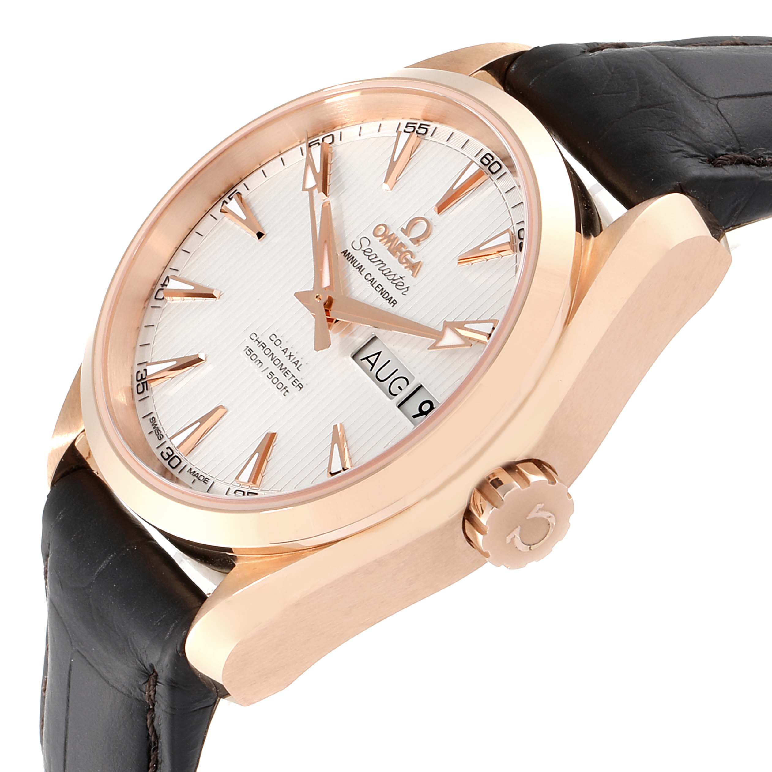 The image shows an angled side view of an Omega Aqua Terra 231.53.39.22.02.001 Men's Rose Gold Silver Dial 231.53.39.22.02.001 Men's Rose Gold Silver Dial watch highlighting the dial, crown, and part of the black leather strap.
