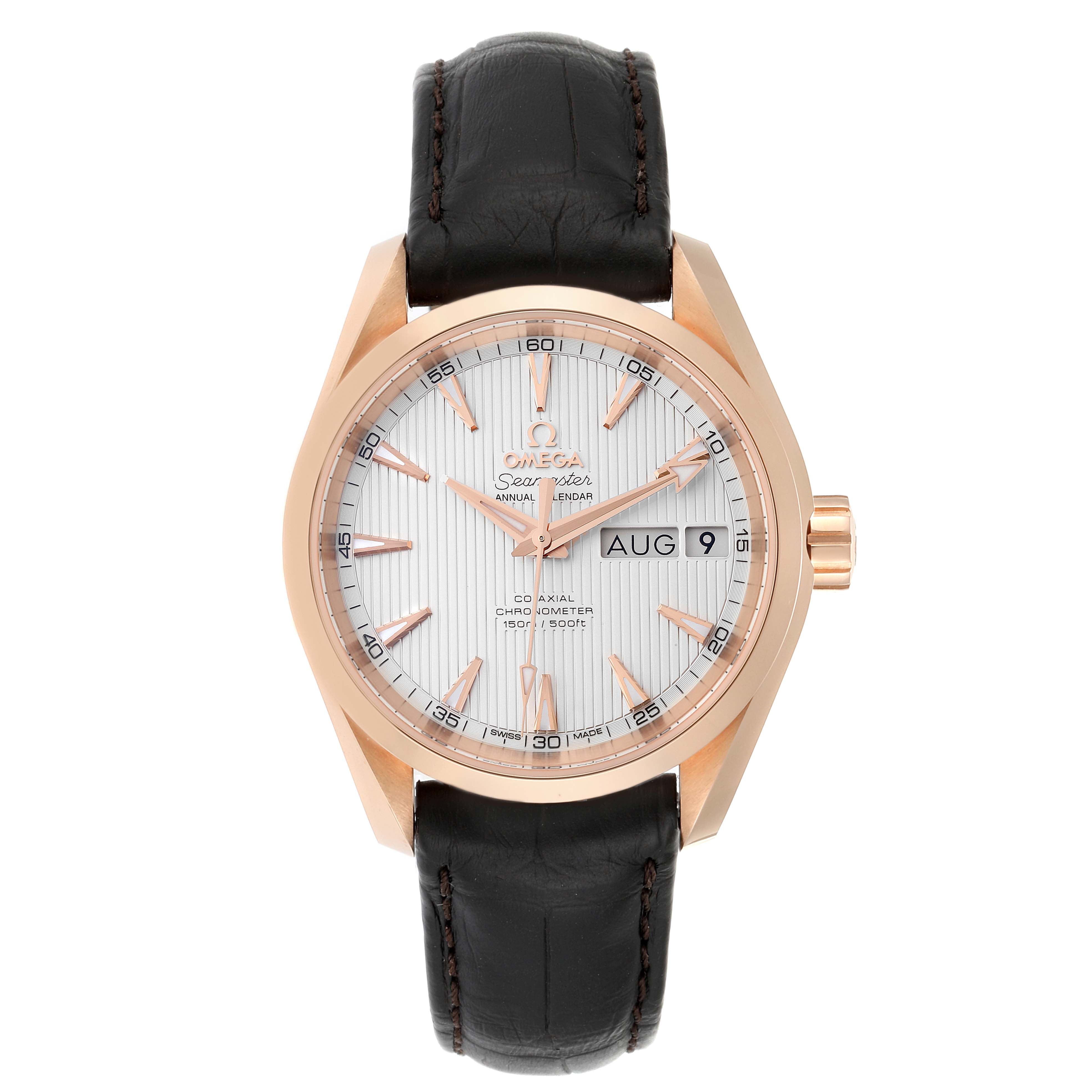 The image shows a front view of an Omega Aqua Terra 231.53.39.22.02.001 Men's Rose Gold Silver Dial 231.53.39.22.02.001 Men's Rose Gold Silver Dial watch, highlighting the dial, hands, date display, and leather strap.