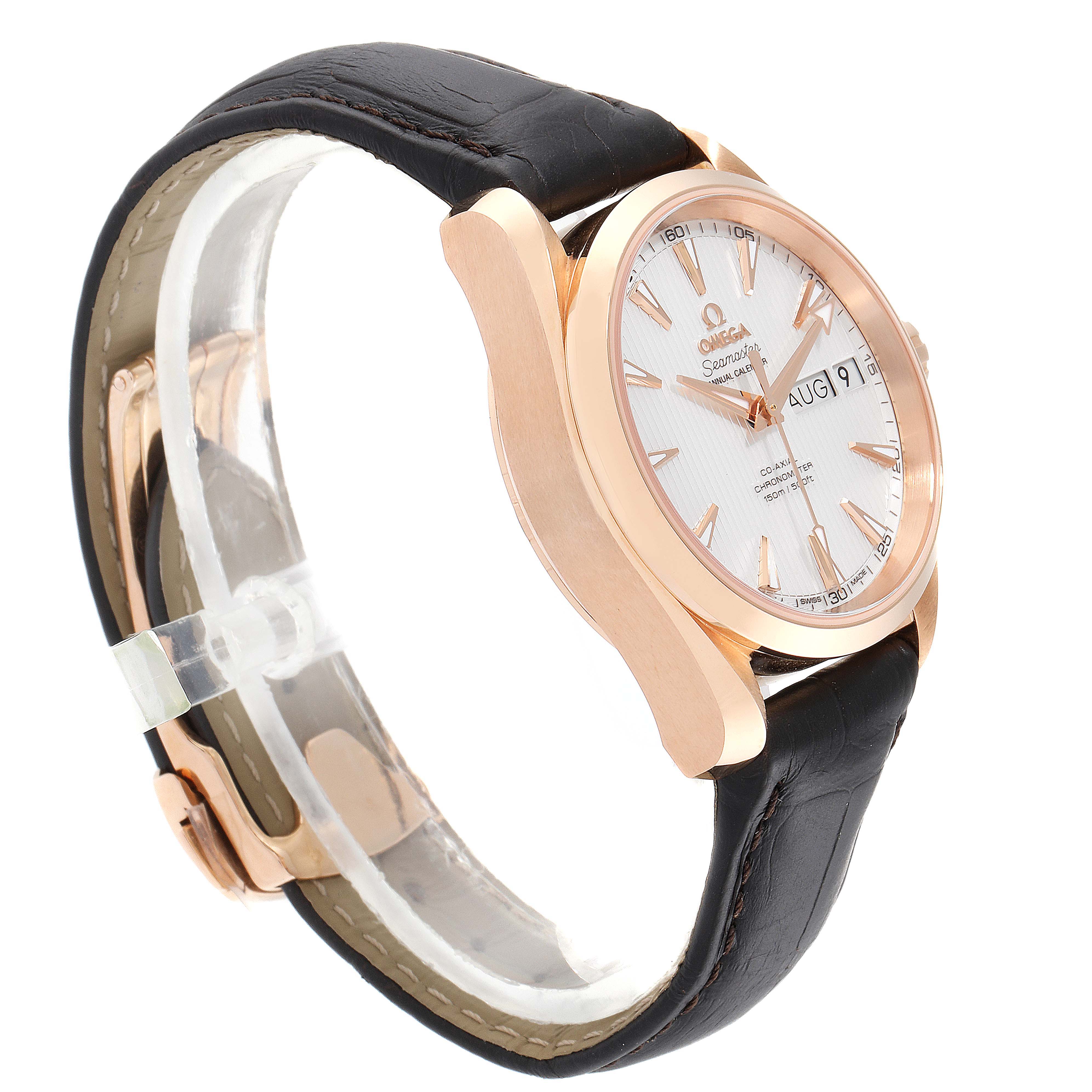 The Omega Aqua Terra 231.53.39.22.02.001 Men's Rose Gold Silver Dial 231.53.39.22.02.001 Men's Rose Gold Silver Dial watch is shown at an angle highlighting its rose gold case, leather strap, and part of the dial with date display.