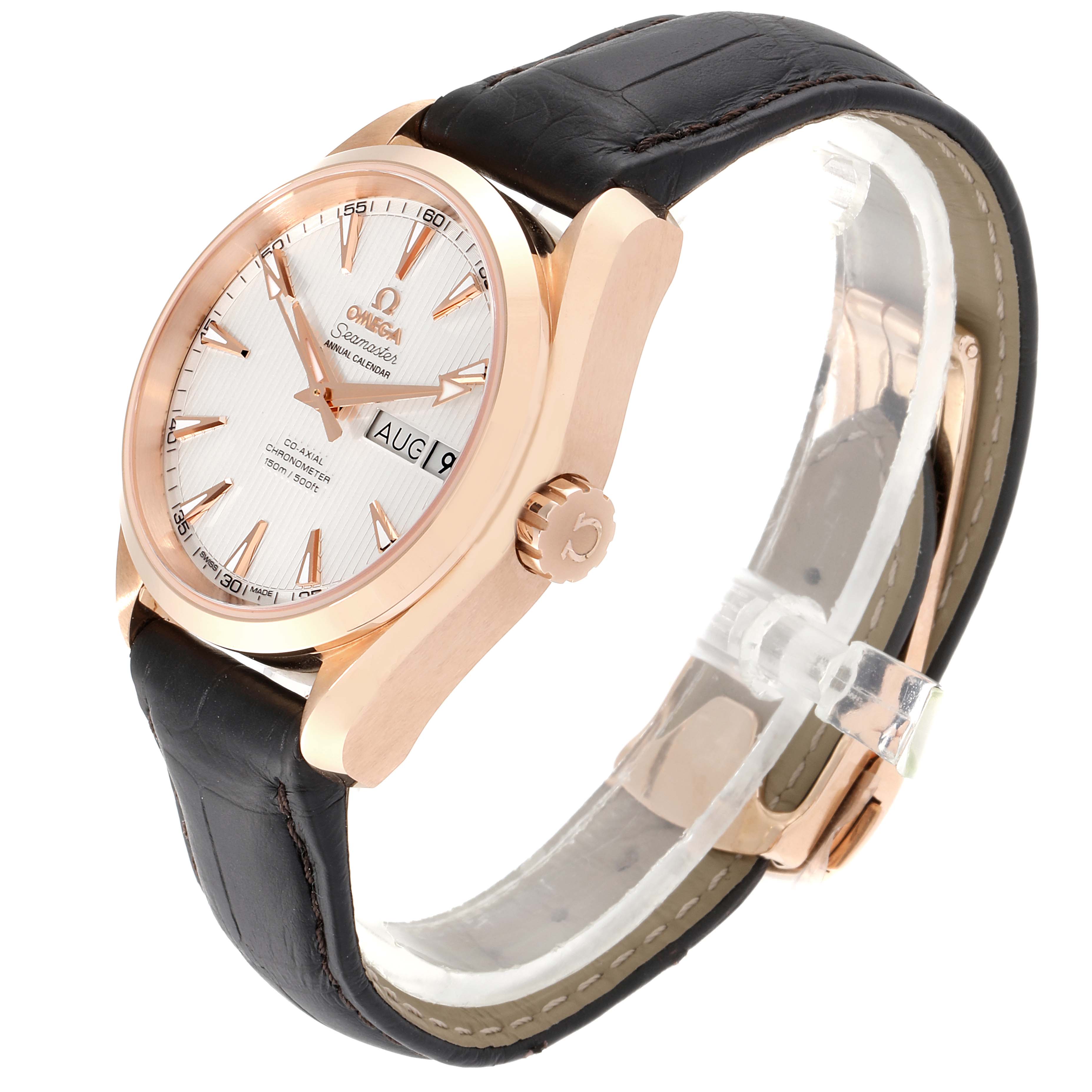 The Omega Aqua Terra 231.53.39.22.02.001 Men's Rose Gold Silver Dial 231.53.39.22.02.001 Men's Rose Gold Silver Dial model watch is shown from a front-side angle, featuring the dial, crown, and leather strap.