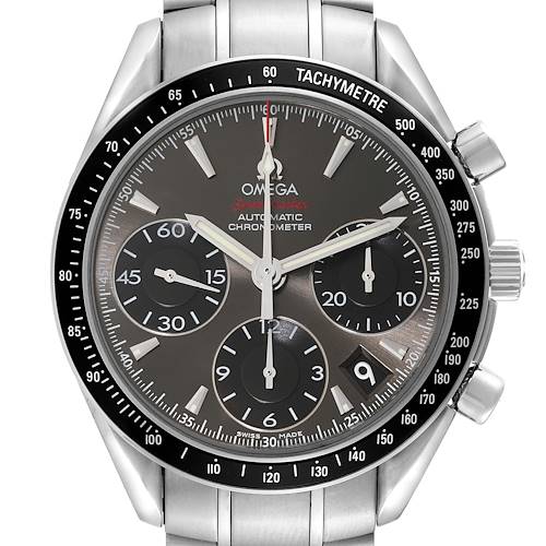 The image shows a frontal view of an Omega Speedmaster 323.30.40.40.06.001 Men's Stainless Steel Grey Dial 323.30.40.40.06.001 Men's Stainless Steel Grey Dial watch displaying its face, bezel, and stainless steel bracelet.