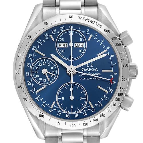 The Omega Speedmaster 3521.80.00 Men's Stainless Steel Blue Dial watch is shown from the front, highlighting the dial, tachymeter bezel, subdials, and date display.
