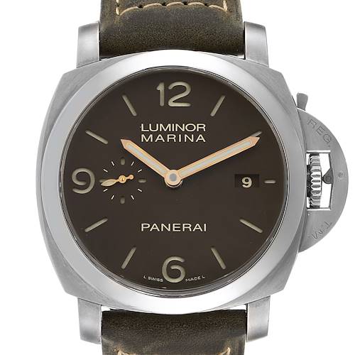 This is a front view of a Panerai Luminor PAM00351 Men's Stainless Steel Black Dial PAM00351 Men's Stainless Steel Black Dial Marina watch showing the dial, hands, date window, and crown protector.