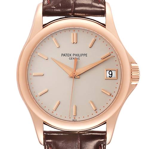 This image shows the front view of a Patek Philippe Calatrava 5127R-001 Men's Rose Gold Silver Dial 5127R-001 Men's Rose Gold Silver Dial watch, displaying the dial, hands, date window, and part of the leather strap.
