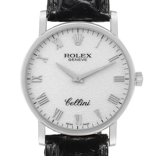 The image shows a front view of the Rolex Cellini 5115 Men's White Gold Silver Dial watch, highlighting the dial, hands, and case with a leather strap partially visible.