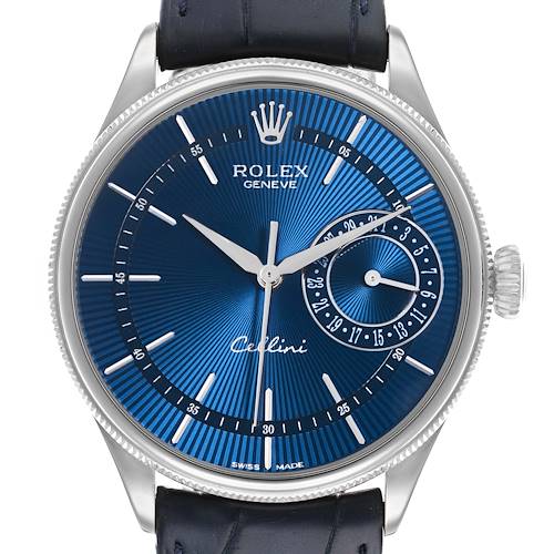 The Rolex Cellini 50519 Men's White Gold Blue Dial watch is shown from the front, displaying its blue dial with hands, markers, and a subdial.