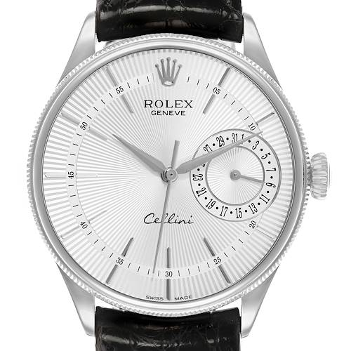 The Rolex Cellini 50519 Men's White Gold White Dial watch is shown from a front-facing angle, highlighting the dial, hands, crown, and leather strap.