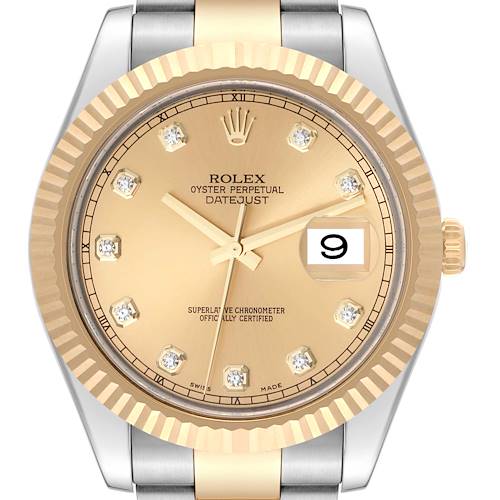 The image shows a close-up of the Rolex Datejust 41 116333 Men's Steel and Gold (two tone) Champagne Dial 116333 Men's Steel and Gold (two tone) Champagne Dial watch face, highlighting the gold dial and diamond hour markers.