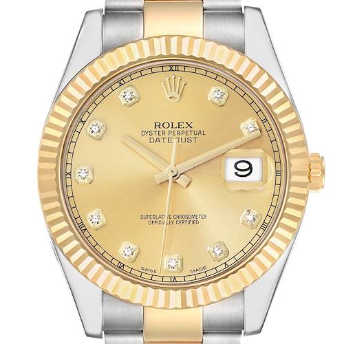 The Rolex Datejust 116333 Men's Steel and Gold (two tone) Champagne Dial watch is shown from the front, displaying the dial, hands, date, and part of the bracelet.
