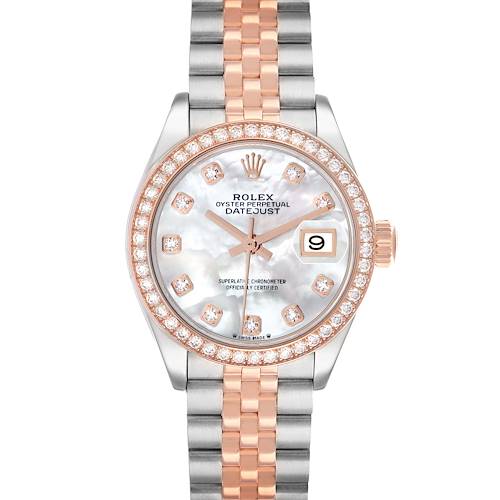 The Rolex Datejust 279381 Women's Stainless Steel Mother of Pearl Dial watch is shown from a front angle, highlighting the dial, bezel, hands, and bracelet.