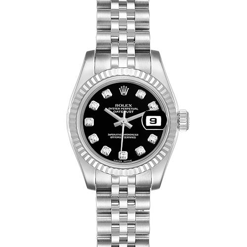 This is a front view of the Rolex Datejust 179174 Women's White Gold Black Dial 179174 Women's White Gold Black Dial watch, displaying its face, dial, and bracelet.