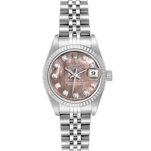 This image shows a front view of the Rolex Datejust 79174 Women's Stainless Steel Mother of Pearl Dial 79174 Women's Stainless Steel Mother of Pearl Dial watch, highlighting its dial, bezel, bracelet, and date window.
