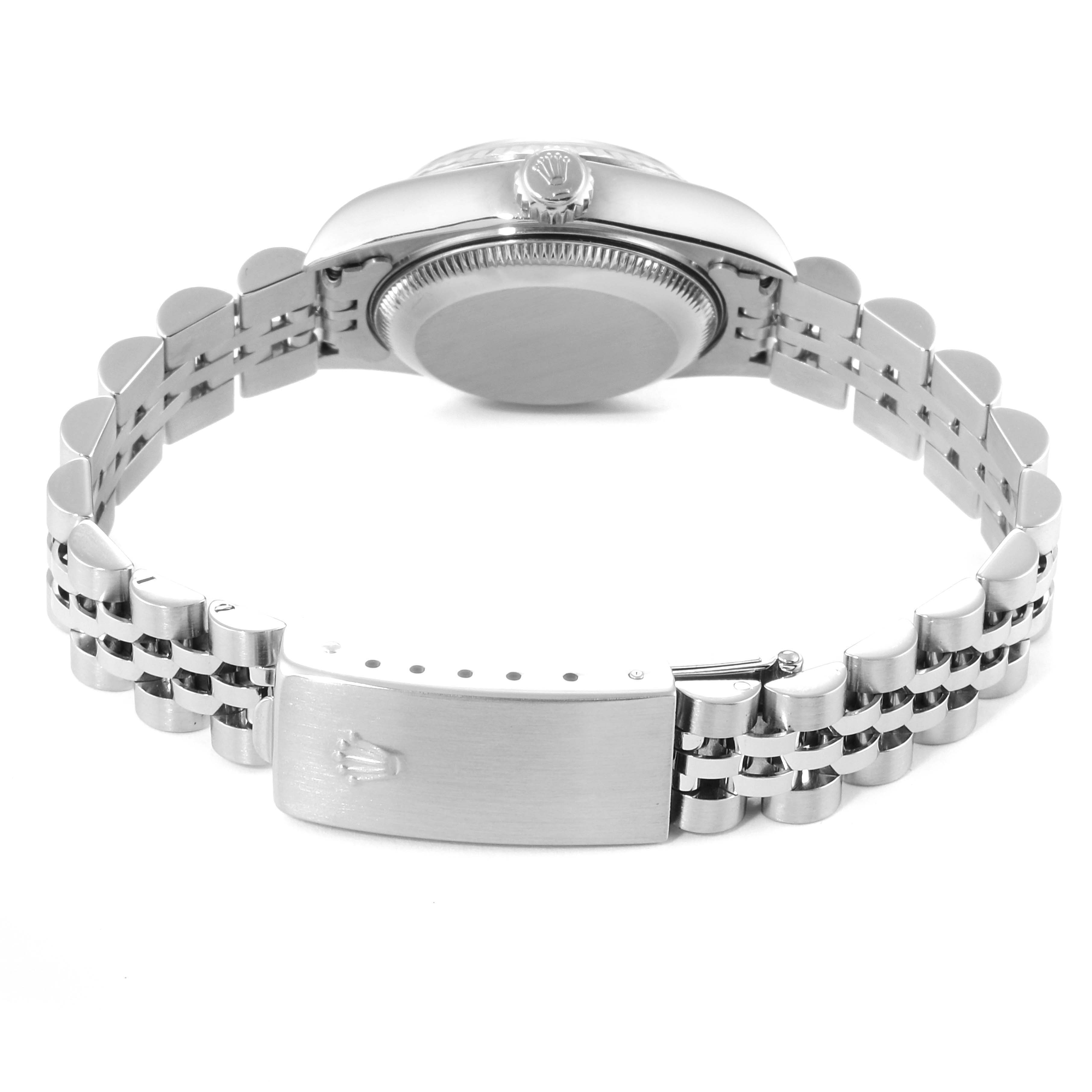 The image shows the back and clasp of a Rolex Datejust 79174 Women's Stainless Steel Mother of Pearl Dial 79174 Women's Stainless Steel Mother of Pearl Dial watch, focusing on its bracelet and case back.