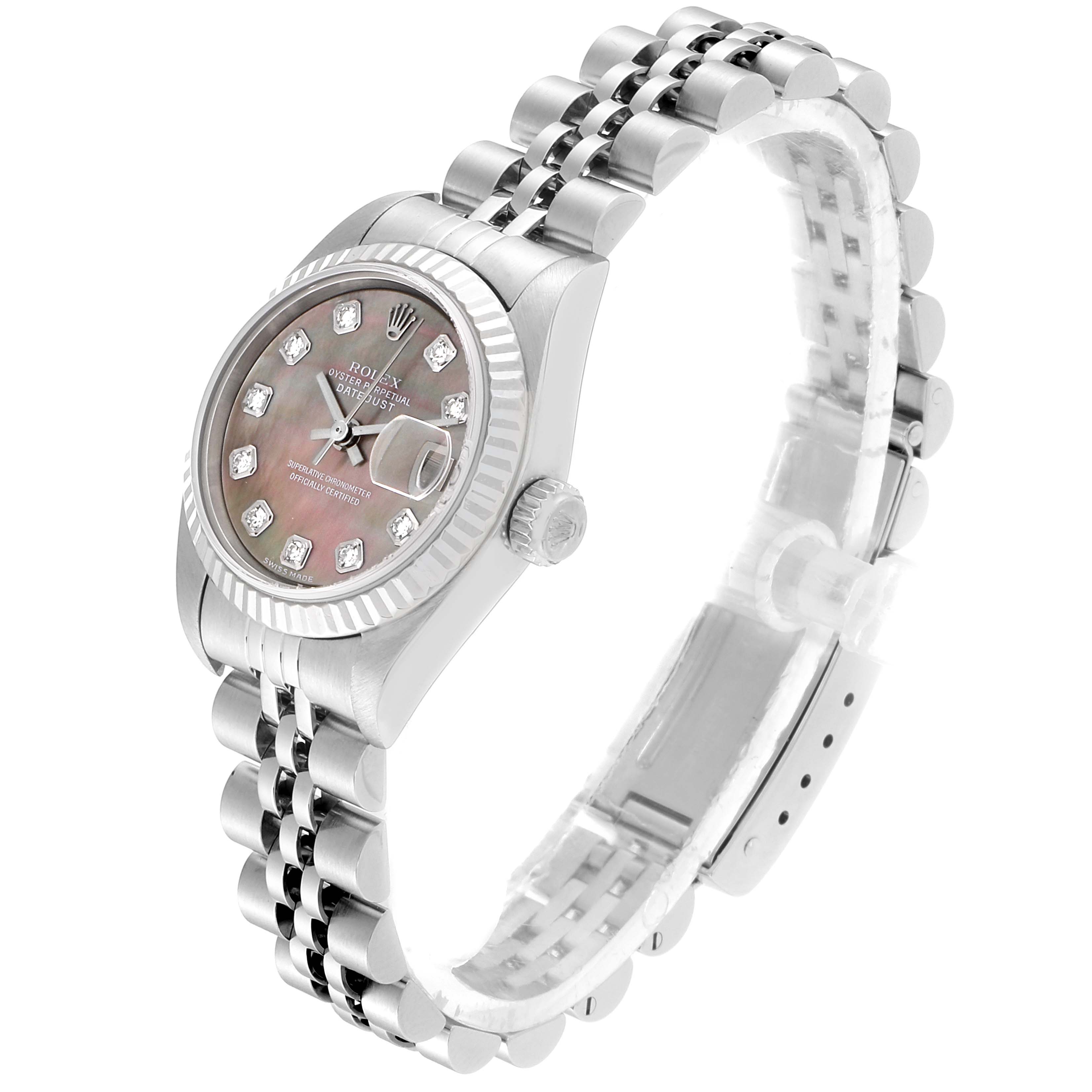 The image shows a Rolex Datejust 79174 Women's Stainless Steel Mother of Pearl Dial 79174 Women's Stainless Steel Mother of Pearl Dial watch from a front angle, featuring its face, bezel, crown, and bracelet.