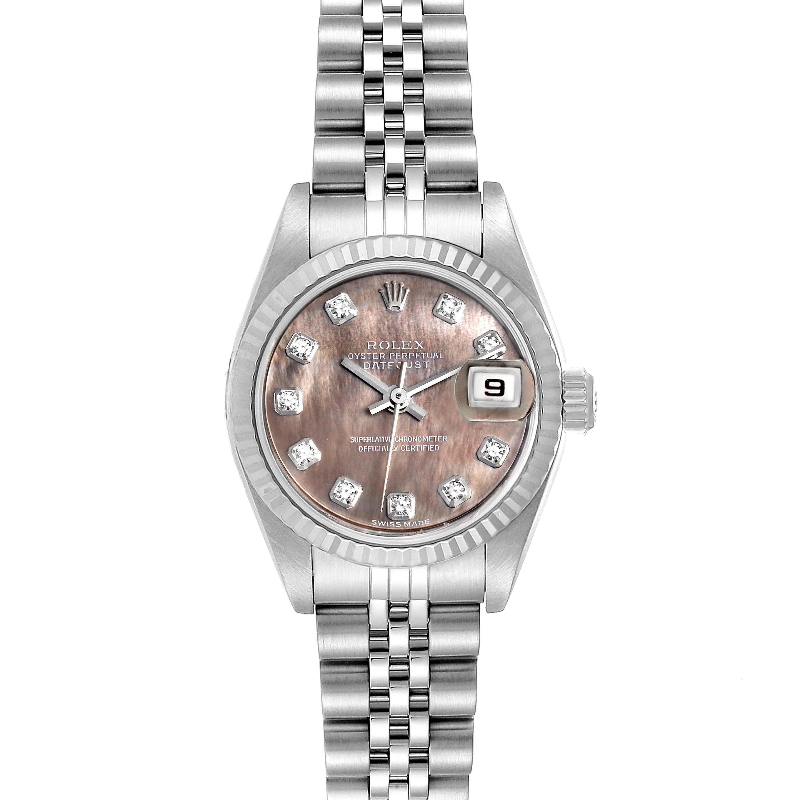 This image shows a front view of a Rolex Datejust 79174 Women's Stainless Steel Mother of Pearl Dial 79174 Women's Stainless Steel Mother of Pearl Dial watch, displaying the face, bezel, and part of the bracelet.