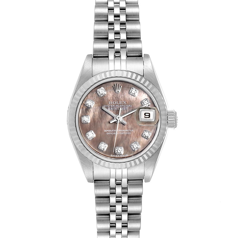 This image shows a front view of a Rolex Datejust 79174 Women's Stainless Steel Mother of Pearl Dial 79174 Women's Stainless Steel Mother of Pearl Dial watch, displaying the face, bezel, and part of the bracelet.