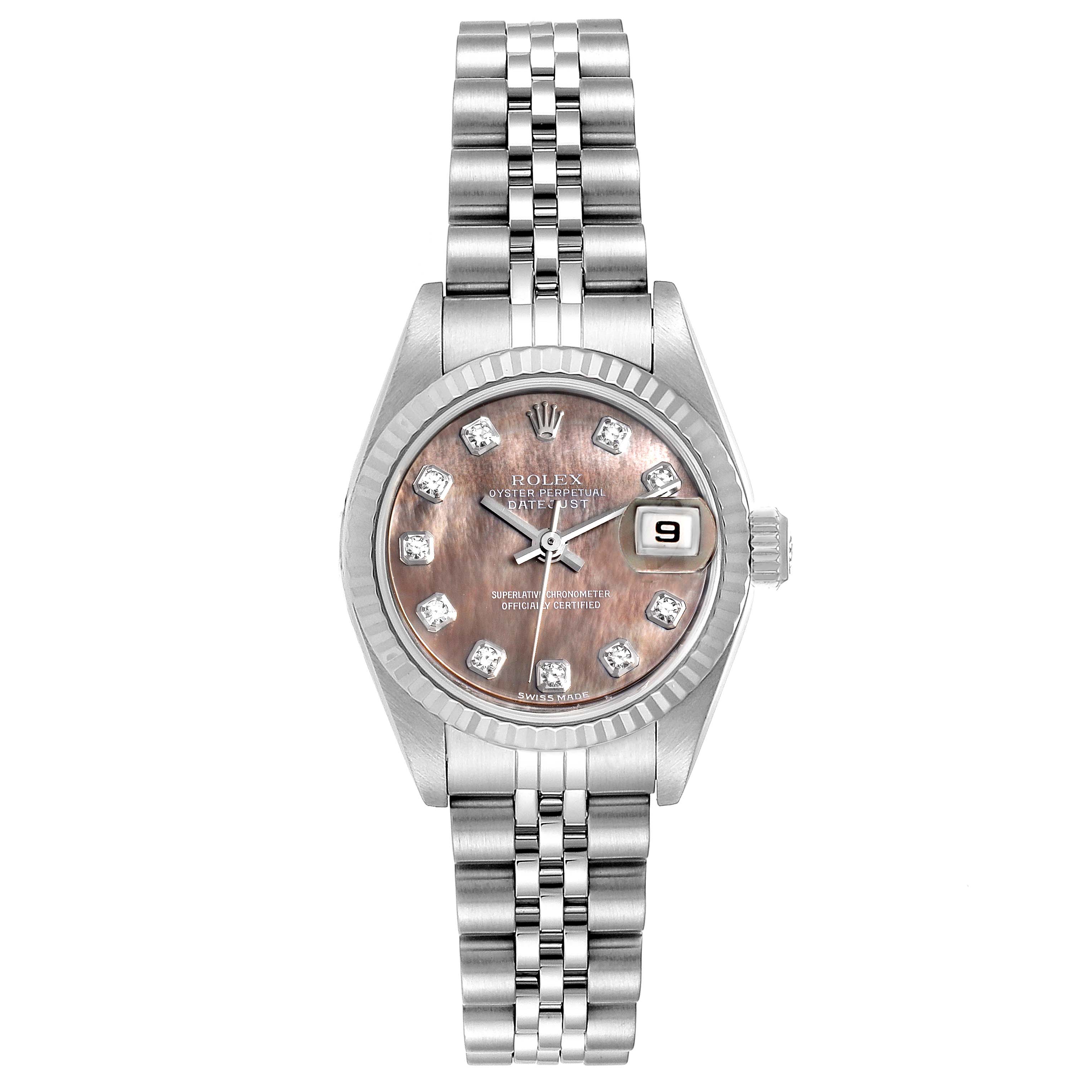 This image shows the front view of a Rolex Datejust 79174 Women's Stainless Steel Mother of Pearl Dial 79174 Women's Stainless Steel Mother of Pearl Dial watch, highlighting the dial, hands, date window, and bracelet.