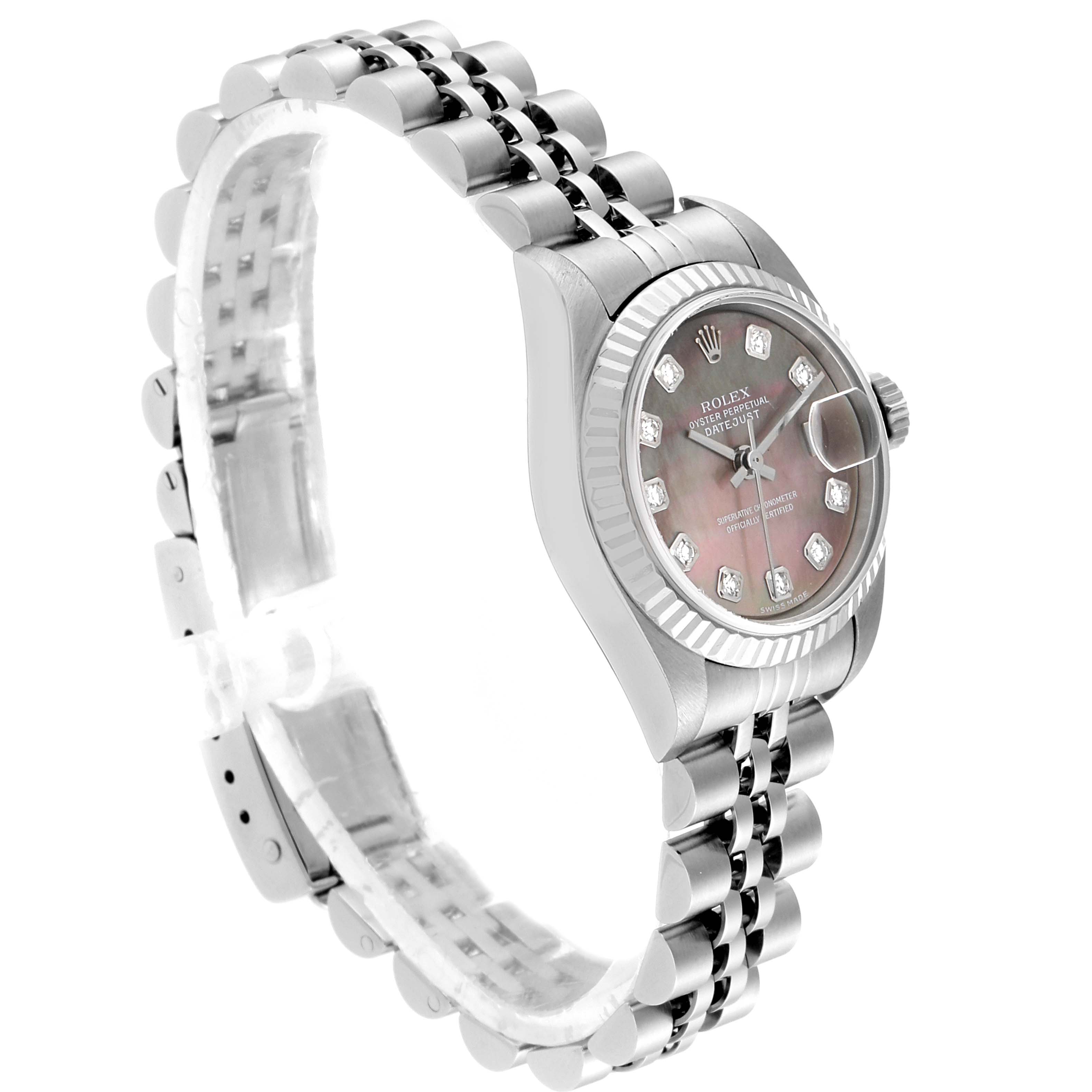 The Rolex Datejust 79174 Women's Stainless Steel Mother of Pearl Dial 79174 Women's Stainless Steel Mother of Pearl Dial watch is shown at a slight angle from the side, highlighting the band and face.