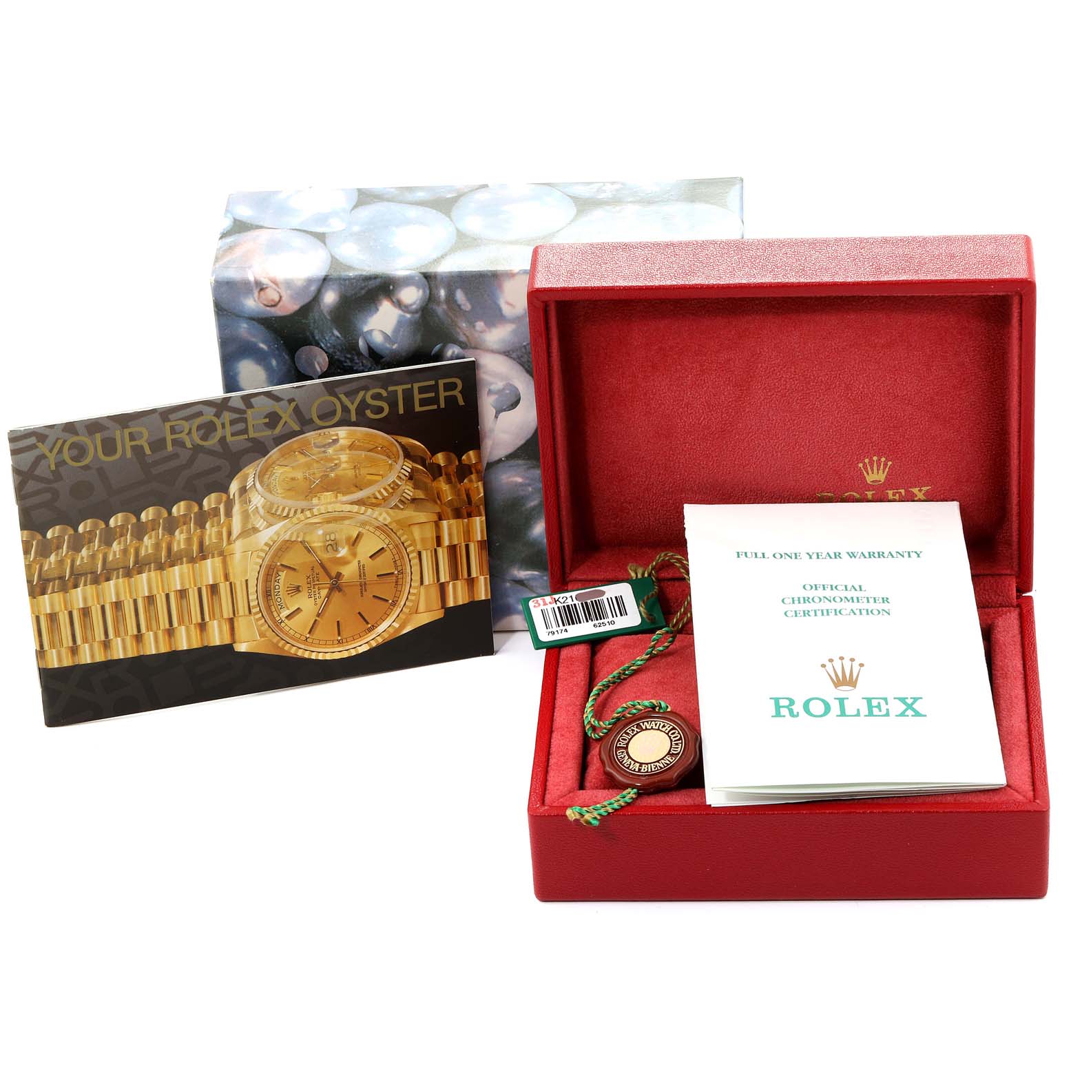 The image shows accessories for the Rolex Datejust 79174 Women's Stainless Steel Mother of Pearl Dial 79174 Women's Stainless Steel Mother of Pearl Dial, including a warranty card, box, booklet, hang tag, and packaging.