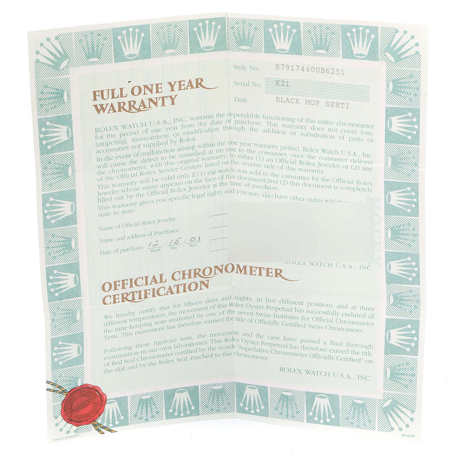 The image shows a full open view of a Rolex Datejust 79174 Women's Stainless Steel Mother of Pearl Dial 79174 Women's Stainless Steel Mother of Pearl Dial model warranty and chronometer certification document.