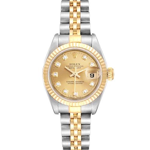 The image shows a Rolex Datejust 69173 Women's Steel and Gold (two tone) Champagne Dial 69173 Women's Steel and Gold (two tone) Champagne Dial watch from a top-down angle, highlighting its face, dial, hands, and bracelet.