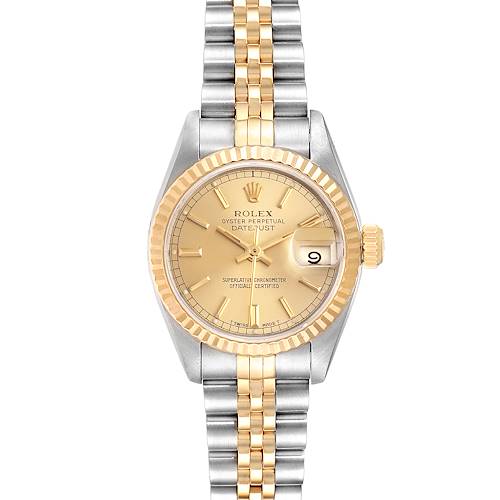 The image shows a Rolex Datejust 69173 Women's Steel and Gold (two tone) Champagne Dial 69173 Women's Steel and Gold (two tone) Champagne Dial watch from a front angle, detailing the gold dial, jubilee bracelet, and fluted bezel.
