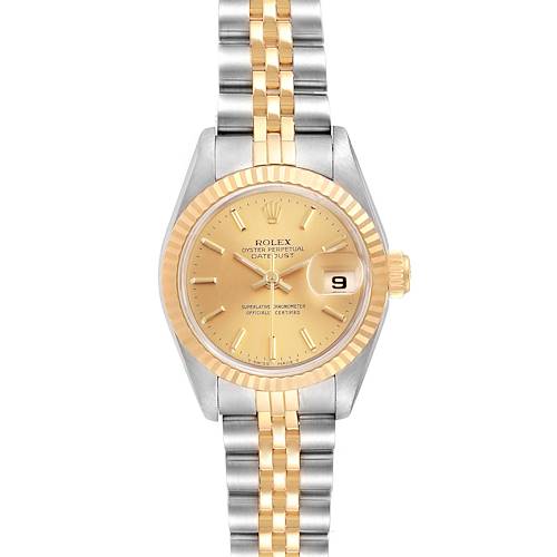This image shows a frontal view of a Rolex Datejust 69173 Women's Steel and Gold (two tone) Champagne Dial 69173 Women's Steel and Gold (two tone) Champagne Dial watch, highlighting the dial, bezel, and two-tone bracelet.