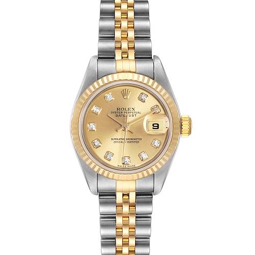 The image shows a Rolex Datejust 79173 Women's Steel and Gold (two tone) Champagne Dial 79173 Women's Steel and Gold (two tone) Champagne Dial watch with a gold dial, diamond hour markers, and a two-tone metal bracelet.