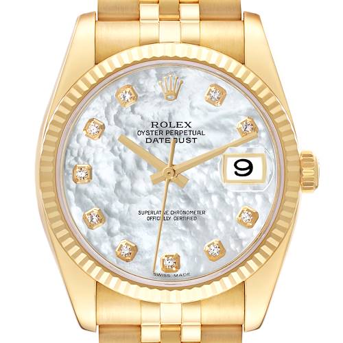 The image shows a Rolex Datejust 116238 Men's Yellow Gold Mother of Pearl Dial 116238 Men's Yellow Gold Mother of Pearl Dial watch face, highlighting its gold fluted bezel, mother-of-pearl dial, and diamond hour markers.
