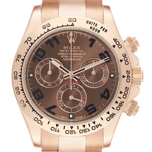 The Rolex Daytona 116505 Men's Rose Gold Brown Dial watch is shown from a front view, displaying its face, bezel, and part of the bracelet.